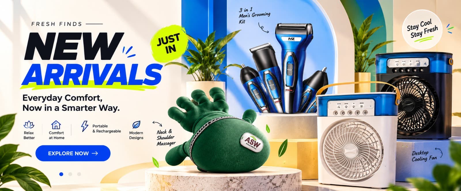 Fresh finds, new arrivals: a neck massager, portable cooling fans and a three-in-one grooming kit.