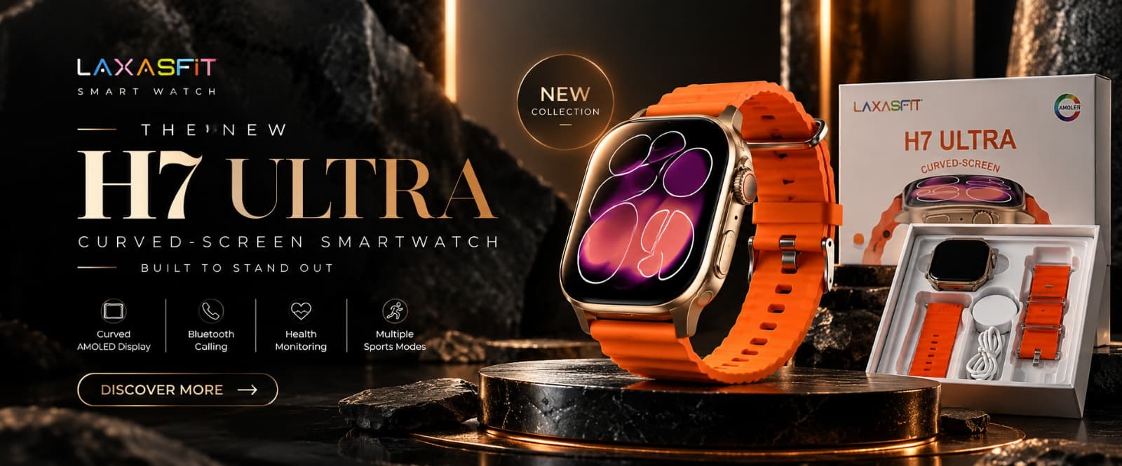 The new H7 Ultra curved-screen smartwatch, with Bluetooth calling and health monitoring.
