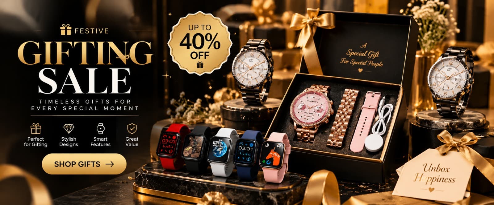 Festive gifting sale: watch gift boxes and coloured-strap smartwatches, up to 40% off.