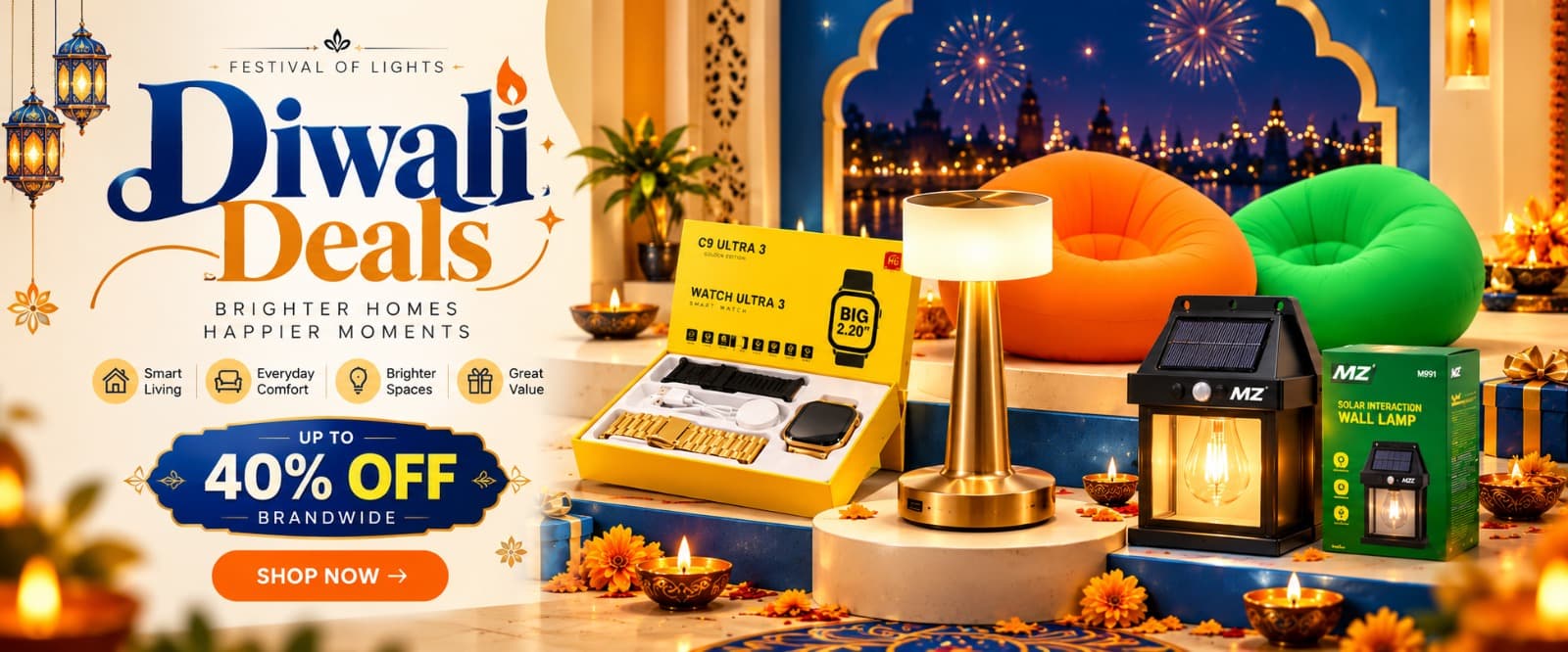 Diwali deals: a smartwatch, a table lamp, a solar wall lamp and inflatable loungers, up to 40% off brandwide.