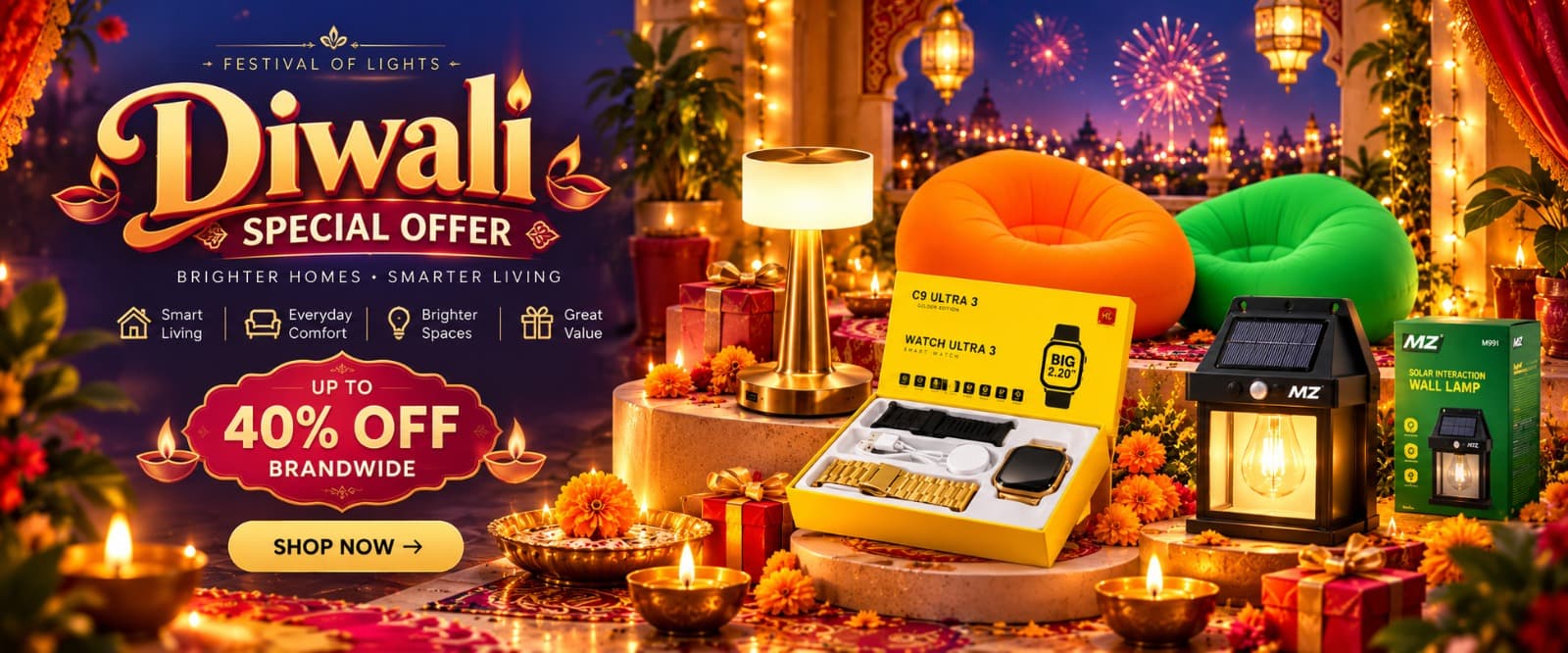 Diwali special offer: smart home lighting and comfort, up to 40% off brandwide.
