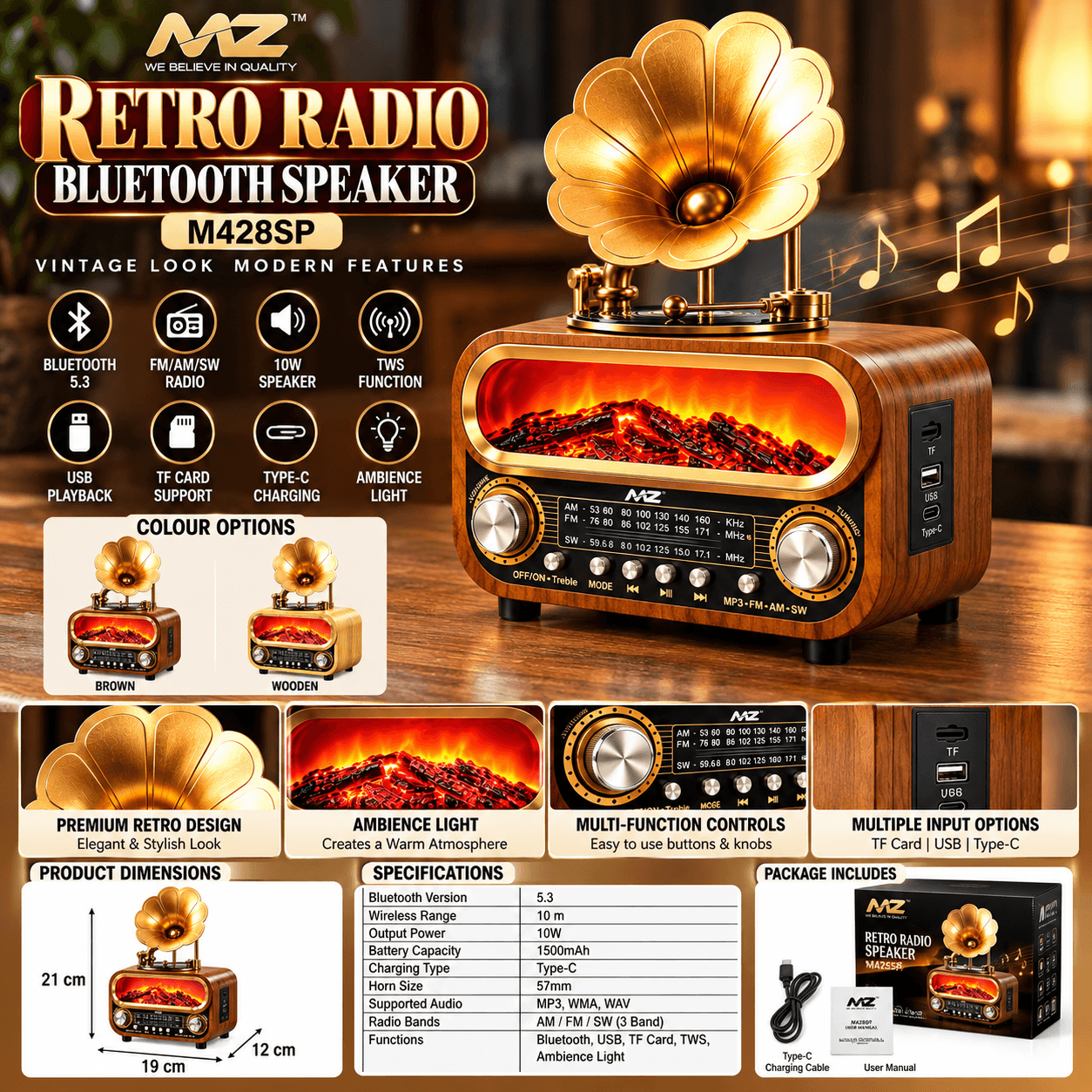 MZ M428SP Retro Radio Bluetooth Speaker with Ambient Light