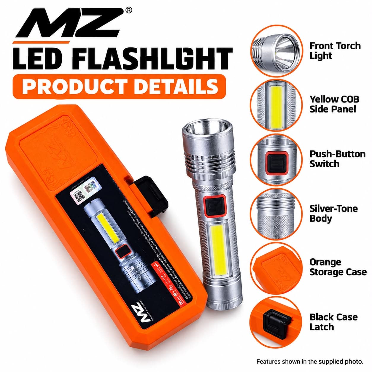 LED Torch with COB Side Light & Carry Case