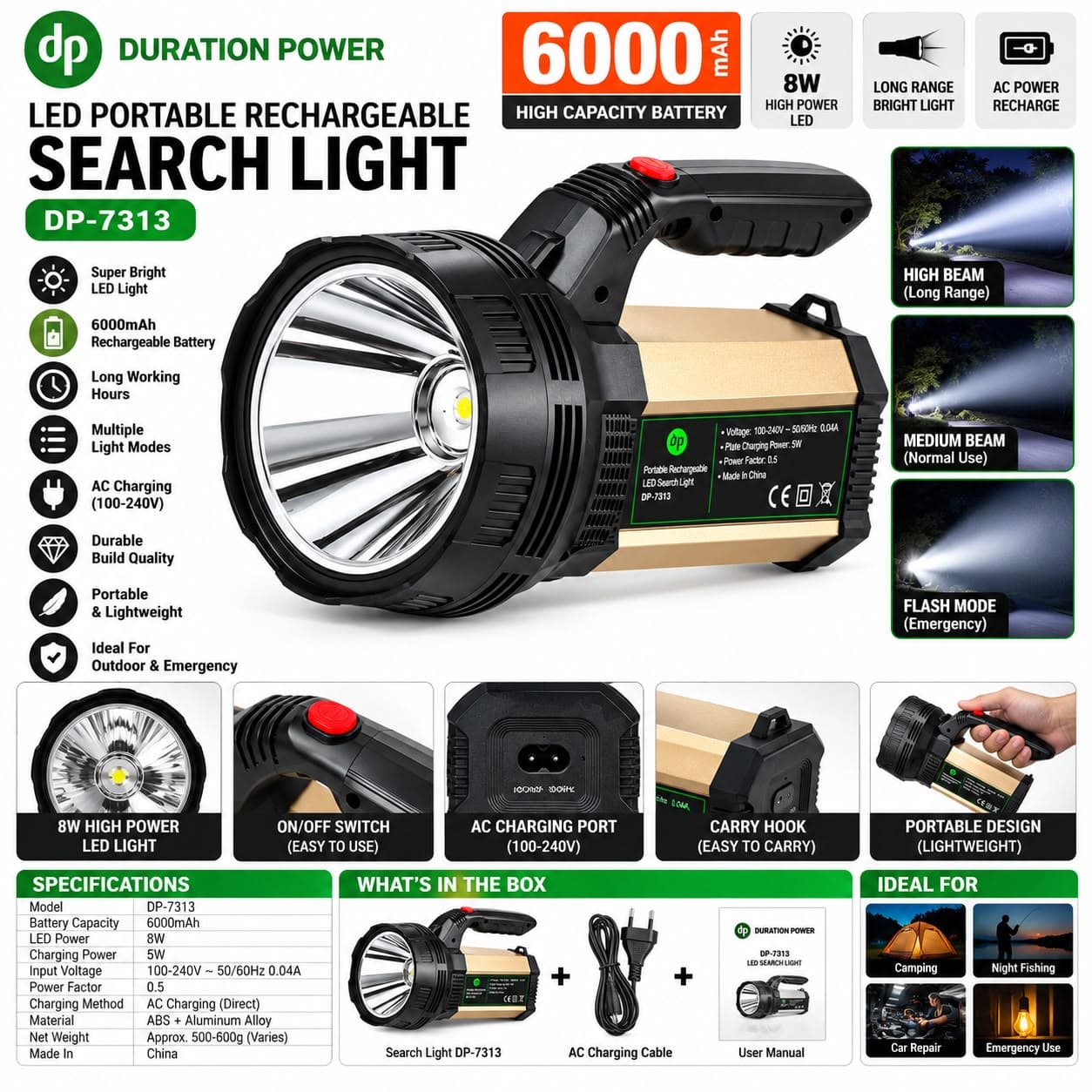 DP DP-7313 Rechargeable LED Search Light | 6000mAh Battery | 8W High Power | Long Range Emergency Torch