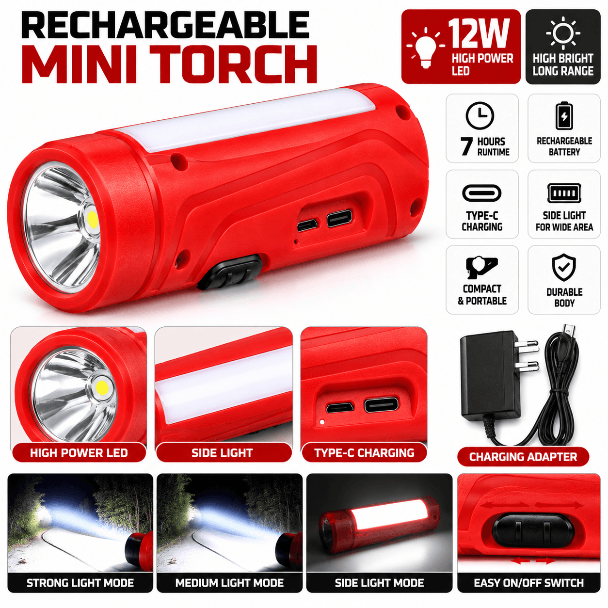 TR23 Rechargeable Mini LED Torch Light 12W – Portable Emergency Flashlight with Charger