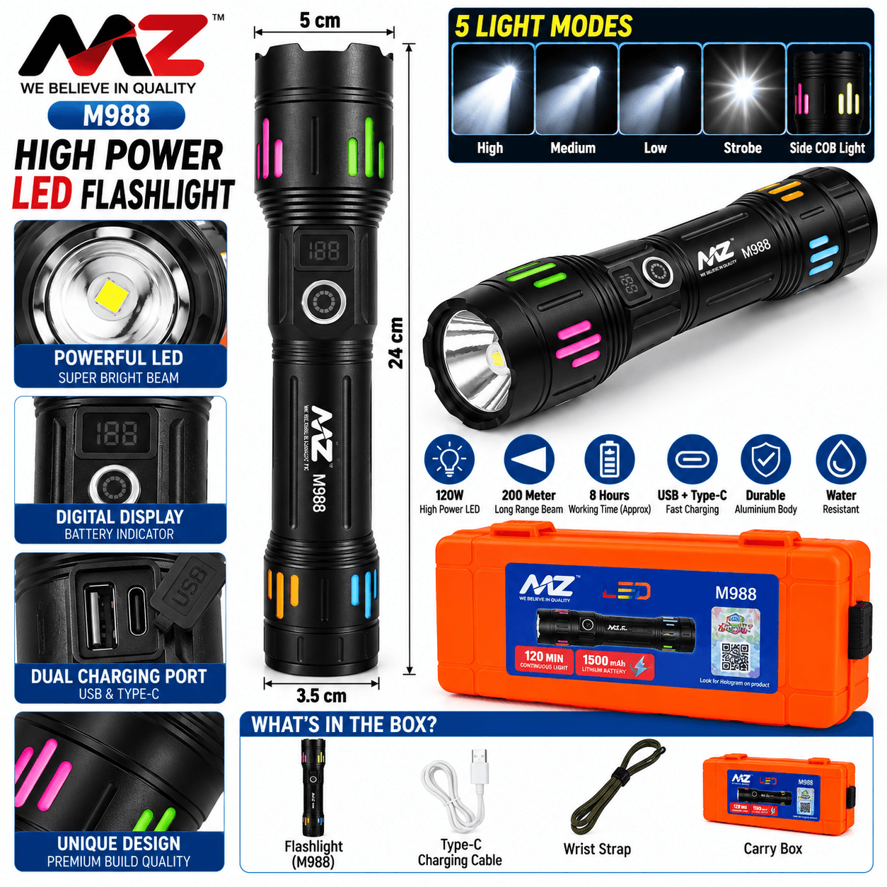 MNZ M988 Rechargeable LED Torch Light with USB-C Charging, USB Power Bank Output & Protective Carry Case – Black