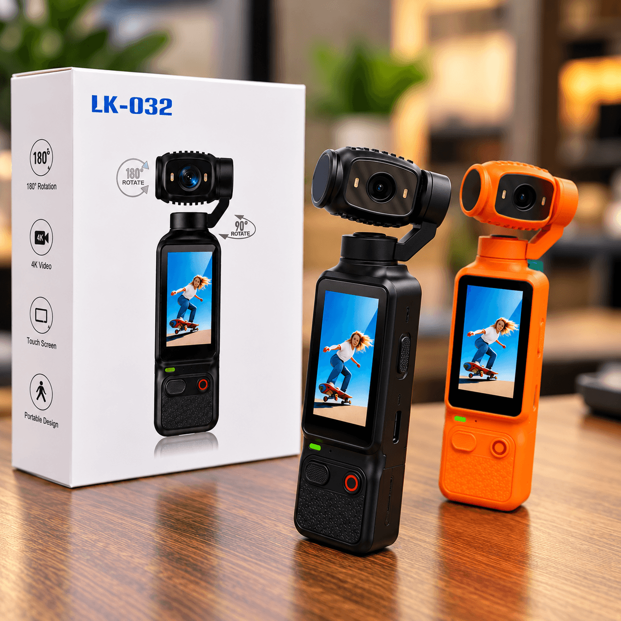 LK-032 4K Portable Handheld Gimbal Camera with Touch Screen, 180° Rotating Camera, 90° Rotation, Mini Vlogging Camera (Black/Orange)
