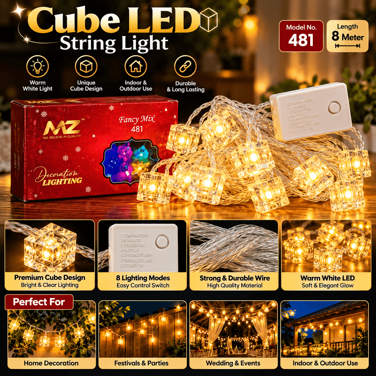 8 Meter Cube LED String Lights Warm White