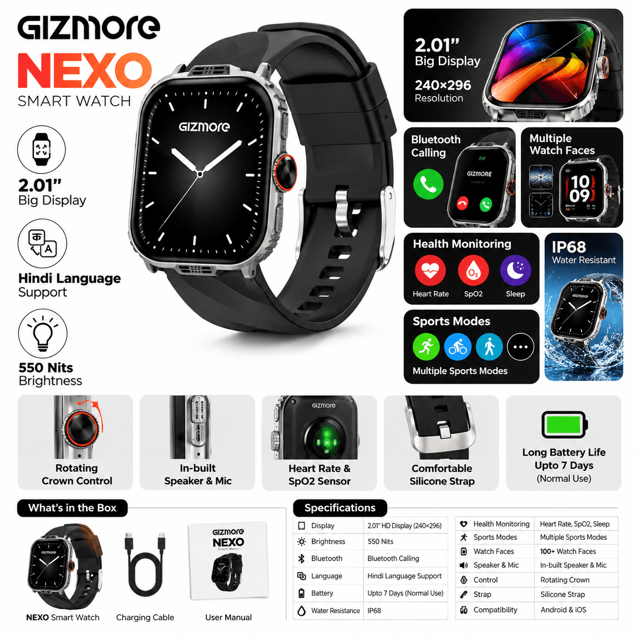 Gizmore NEXO 2.01 Inch HD Smart Watch with Bluetooth Calling, IP68 Water Resistance, Heart Rate & SpO2 Monitoring – Black