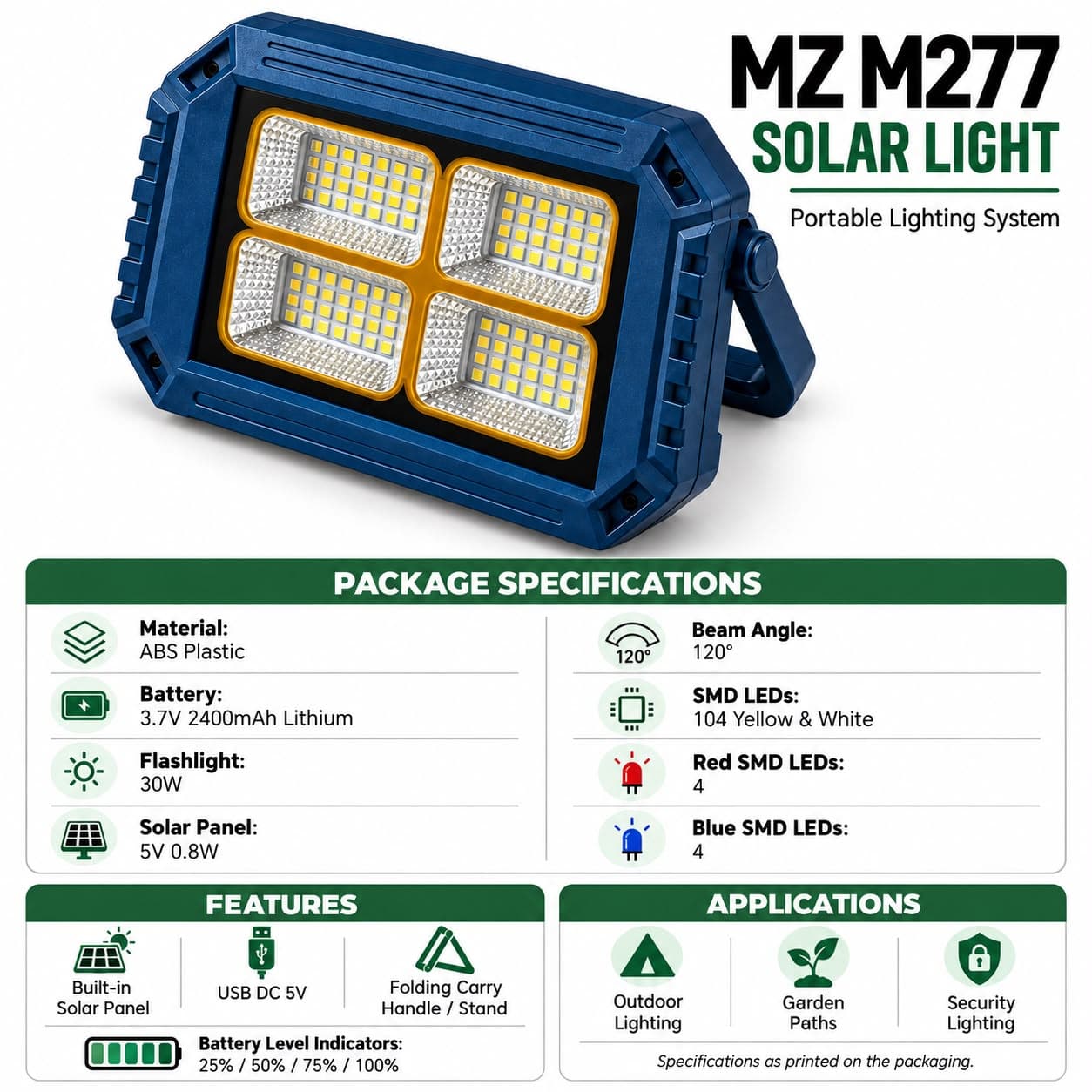 MZ M277 Solar Rechargeable LED Flood Light | 2400mAh Battery | 104 SMD LEDs | USB Charging | Portable Camping & Emergency Light