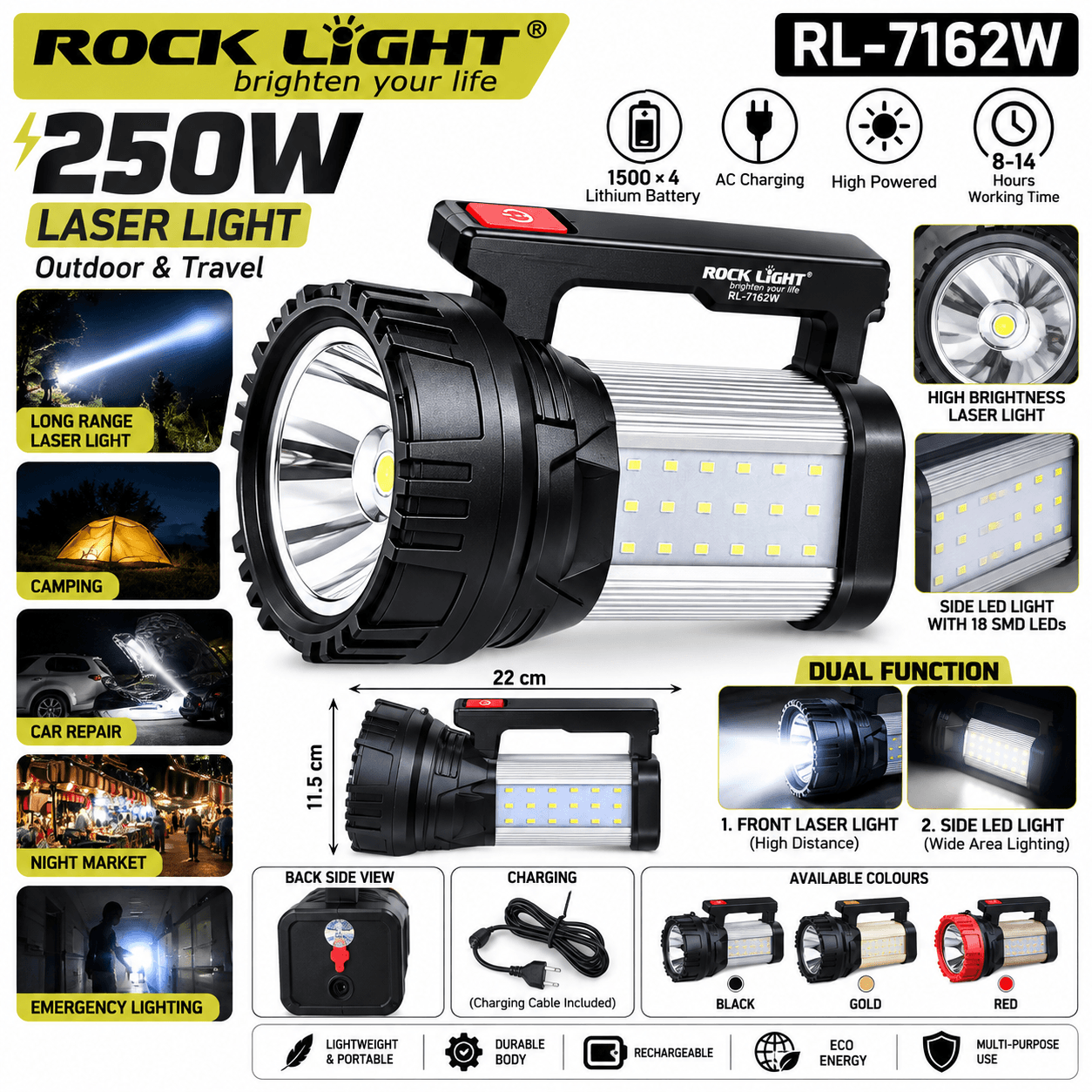ROCK LIGHT RL-7162W Rechargeable LED Searchlight with Side Light