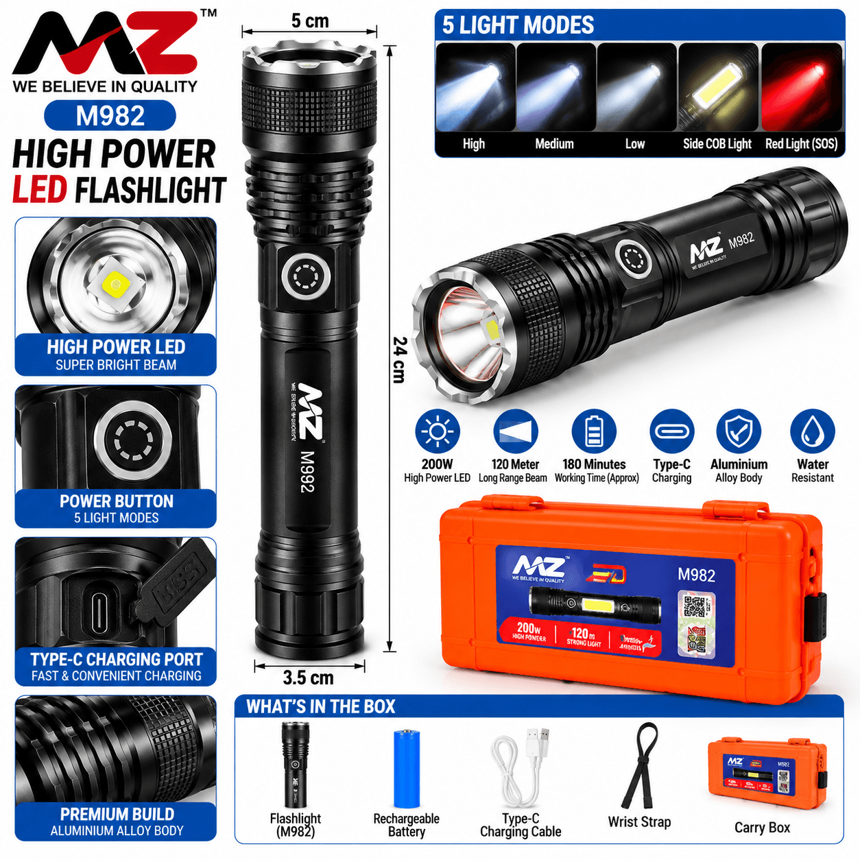 MNZ M982 Rechargeable LED Torch Light with USB Type-C Charging, Long Body & Protective Carry Case – Black