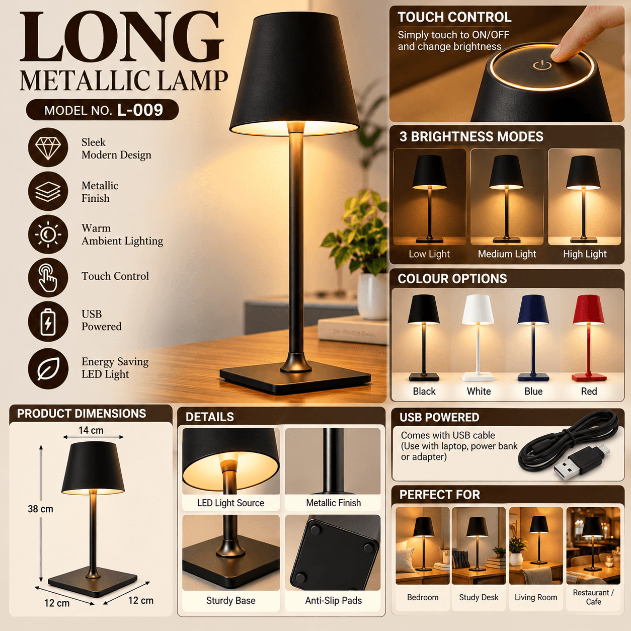 Long Metallic Table Lamp – Model L-009