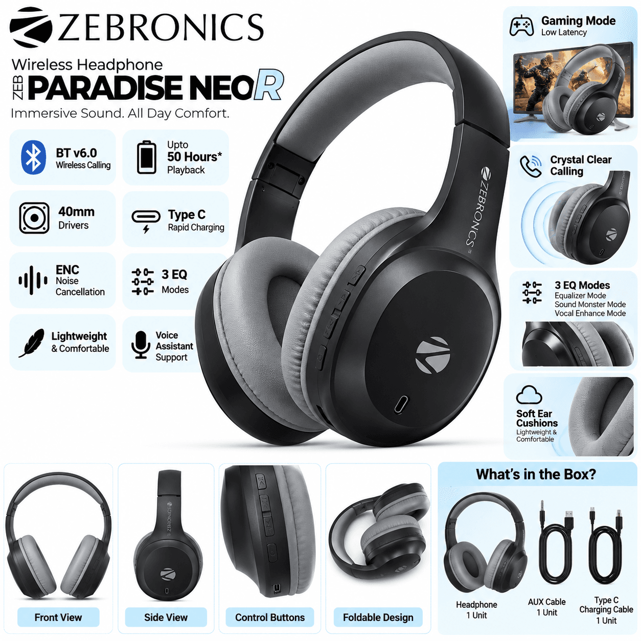 Zebronics ZEB-Paradise Neo R Wireless Bluetooth Headphones with 50H Playback, ENC, 40mm Drivers & Fast Charging – Black