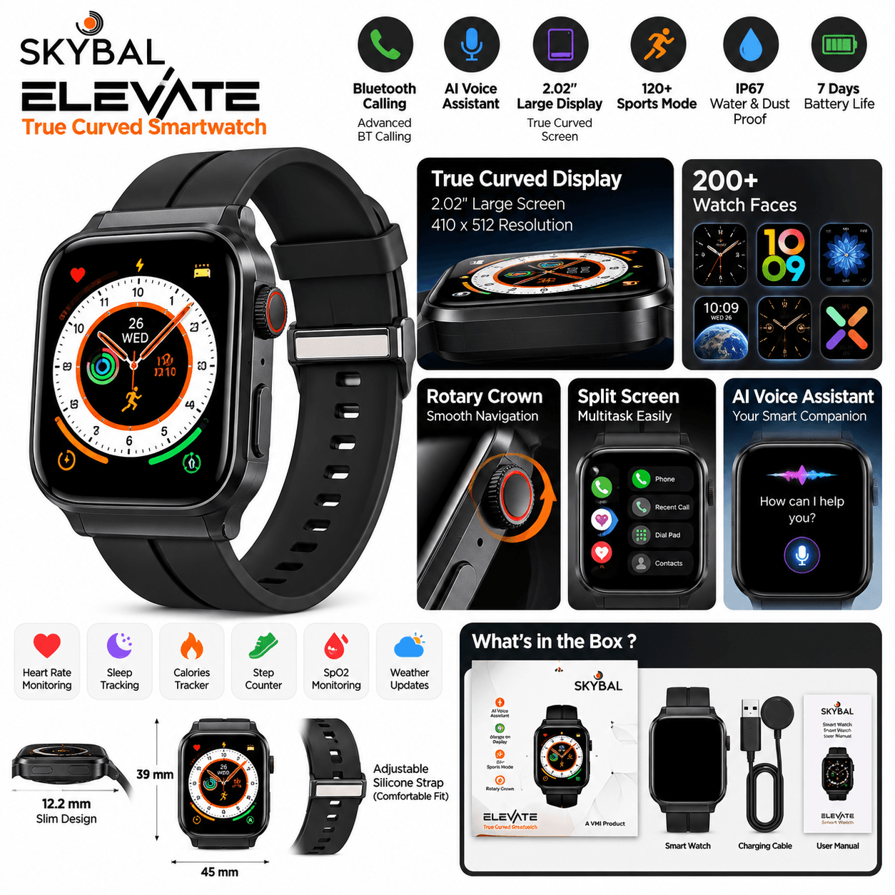 SKYBALL Elevate Smartwatch with Always-On Display, AI Voice Assistant, 120+ Sports Modes & Rotary Crown – Black