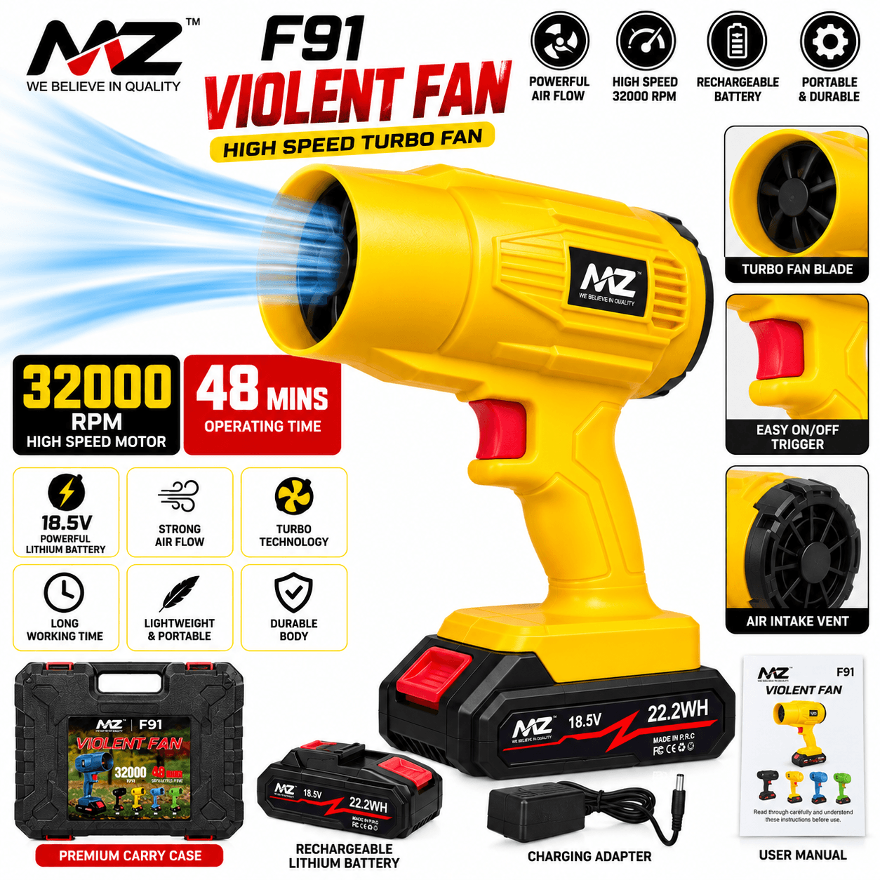 MZ F91 Cordless High-Speed Air Blower 18.5V – Rechargeable Electric Dust Cleaning Fan with Battery & Carry Case