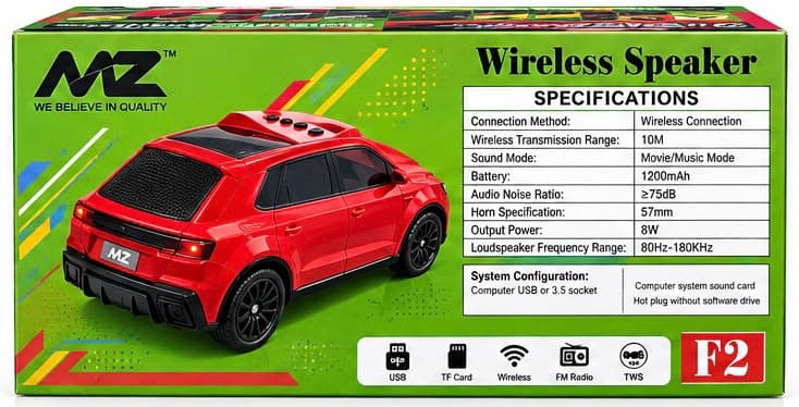 MZ F2 Wireless Bluetooth Speaker | Rechargeable Car-Shaped Speaker | 8W Sound | USB, TF Card, FM Radio & TWS