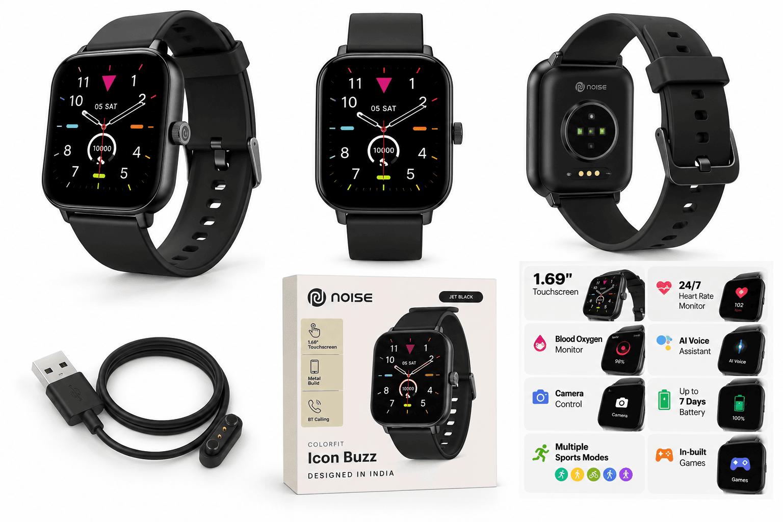 Noise ColorFit Icon Buzz Smartwatch with 1.69 Inch Touchscreen, Bluetooth Calling, Heart Rate & SpO2 Monitoring – Jet Black