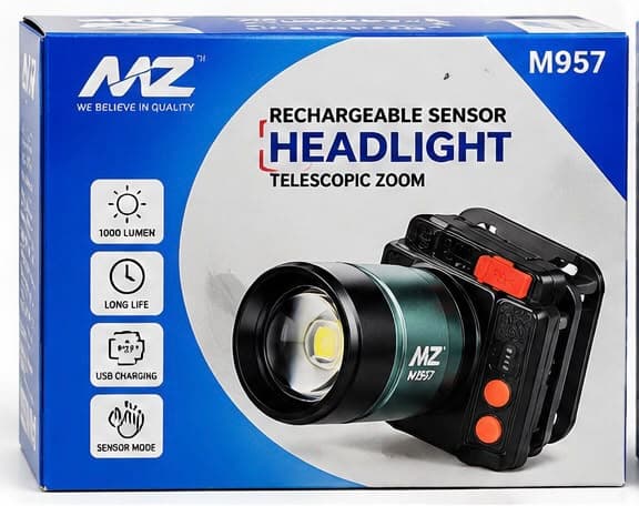 MZ M957 Rechargeable LED Sensor Headlight | 1000 Lumens | Telescopic Zoom | USB Charging