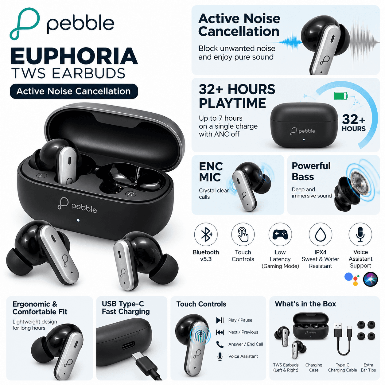 Pebble Euphoria TWS Wireless Bluetooth Earbuds with Active Noise Cancellation (ANC) – Black & Silver
