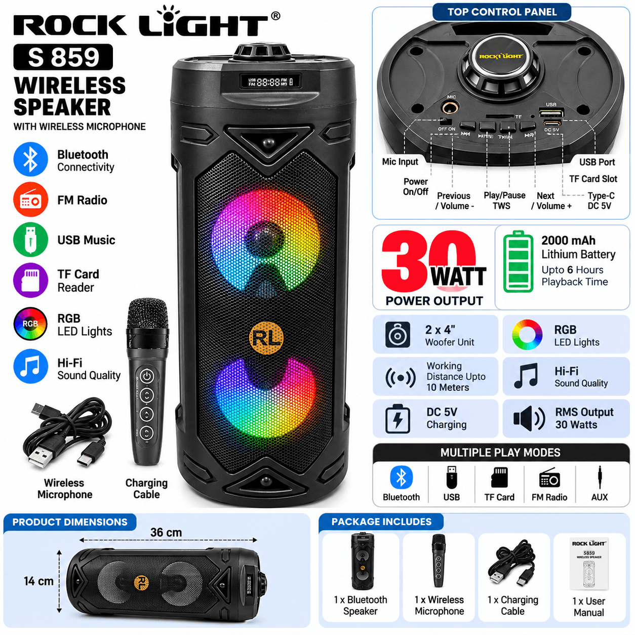 ROCK LIGHT S859 30W Wireless Bluetooth Party Speaker with RGB LED Lights, Wireless Mic, USB, FM Radio & TF Card Support – Black