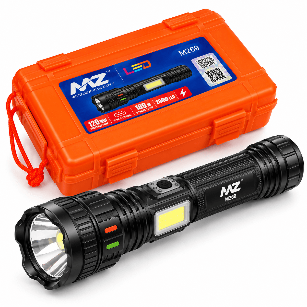 MNZ M269 Rechargeable LED Torch Light with Digital Battery Display, Side COB Light & USB Power Bank