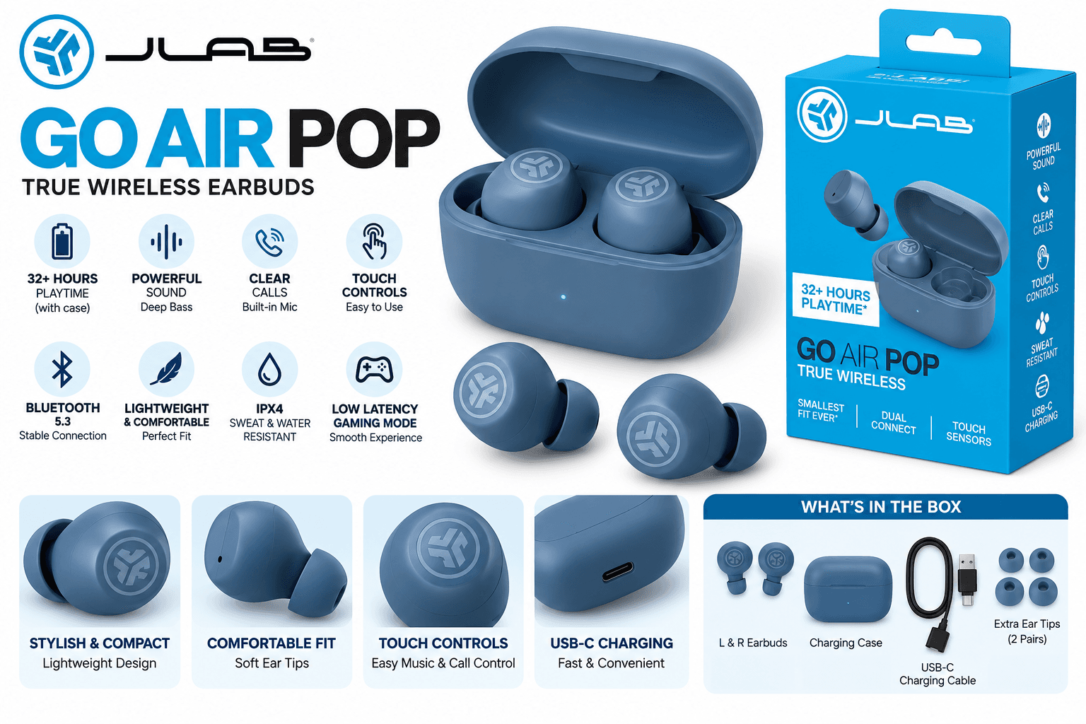 JLab GO Air Pop True Wireless Bluetooth Earbuds – 32+ Hours Playtime, Dual Connect, EQ Sound, Blue Grey
