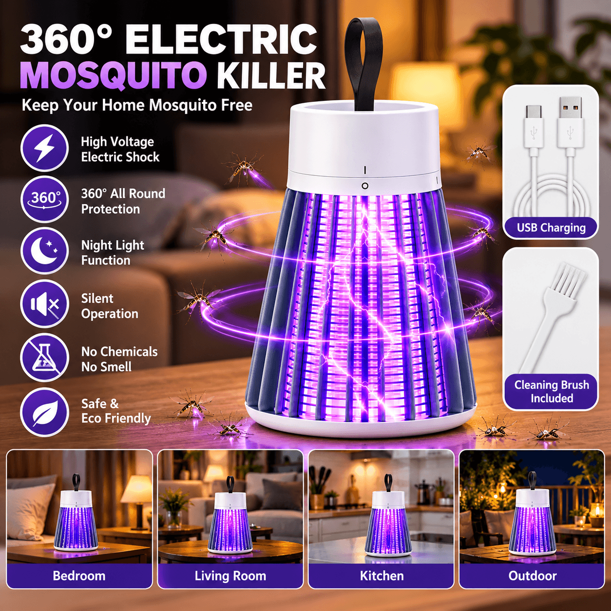 360° USB Rechargeable Electric Mosquito Killer Lamp