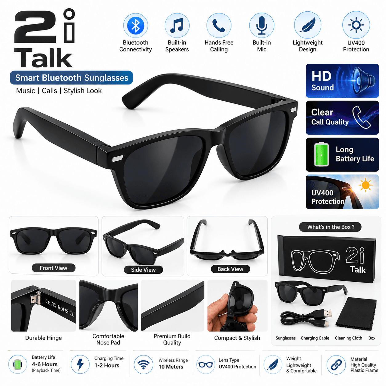 2i Talk Bluetooth Smart Sunglasses – Wireless Audio Glasses with Built-in Mic, Touch Control & Rechargeable Battery (Black)