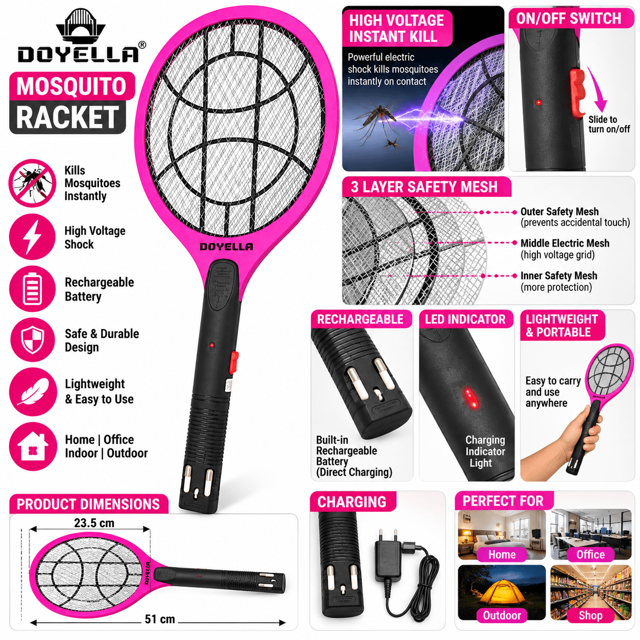 DOYELLA DY-301 Rechargeable Electric Mosquito Killer Racket | 3-Layer Safety Mesh | Electric Mosquito Swatter | Pink & Black