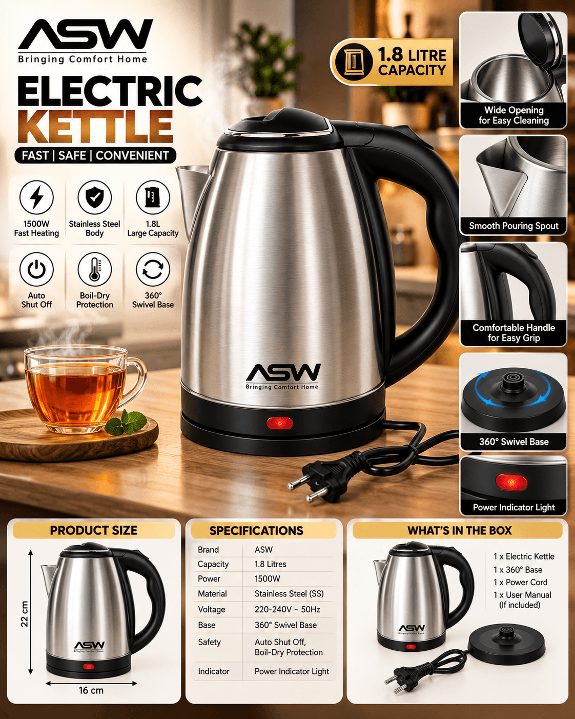 ASW Stainless Steel Electric Kettle