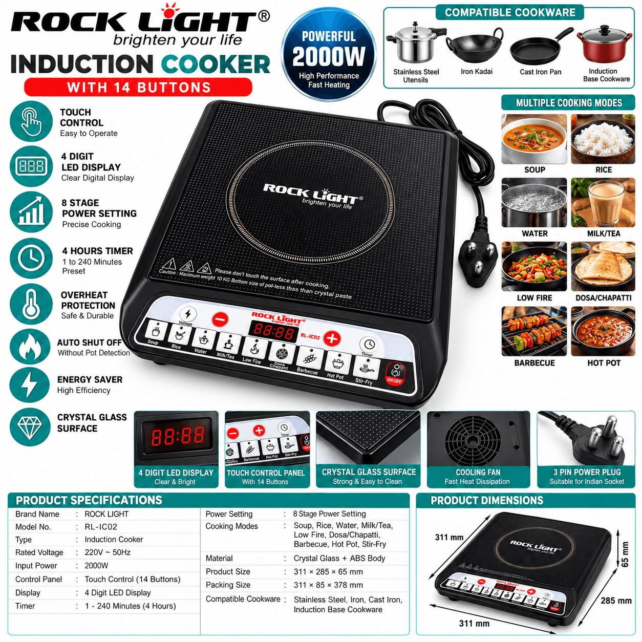 Rock Light 2000W Induction Cooktop | 14 Button Control | 8 Power Levels | RL-IC02