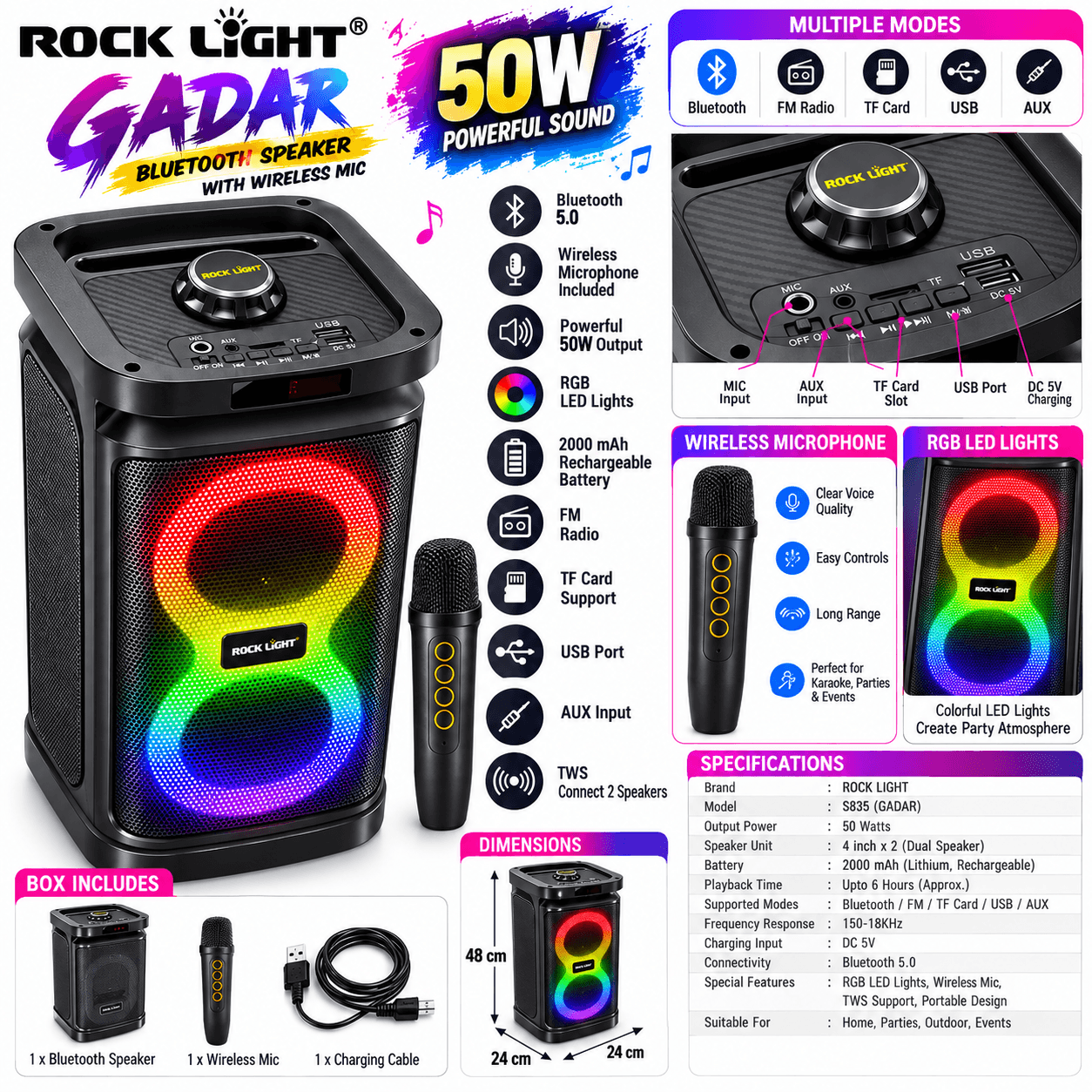 ROCK LIGHT GADAR S835 50W Bluetooth Party Speaker with Wireless Microphone | RGB LED Lights | USB, AUX, FM, TF Card | Type-C Charging | Black