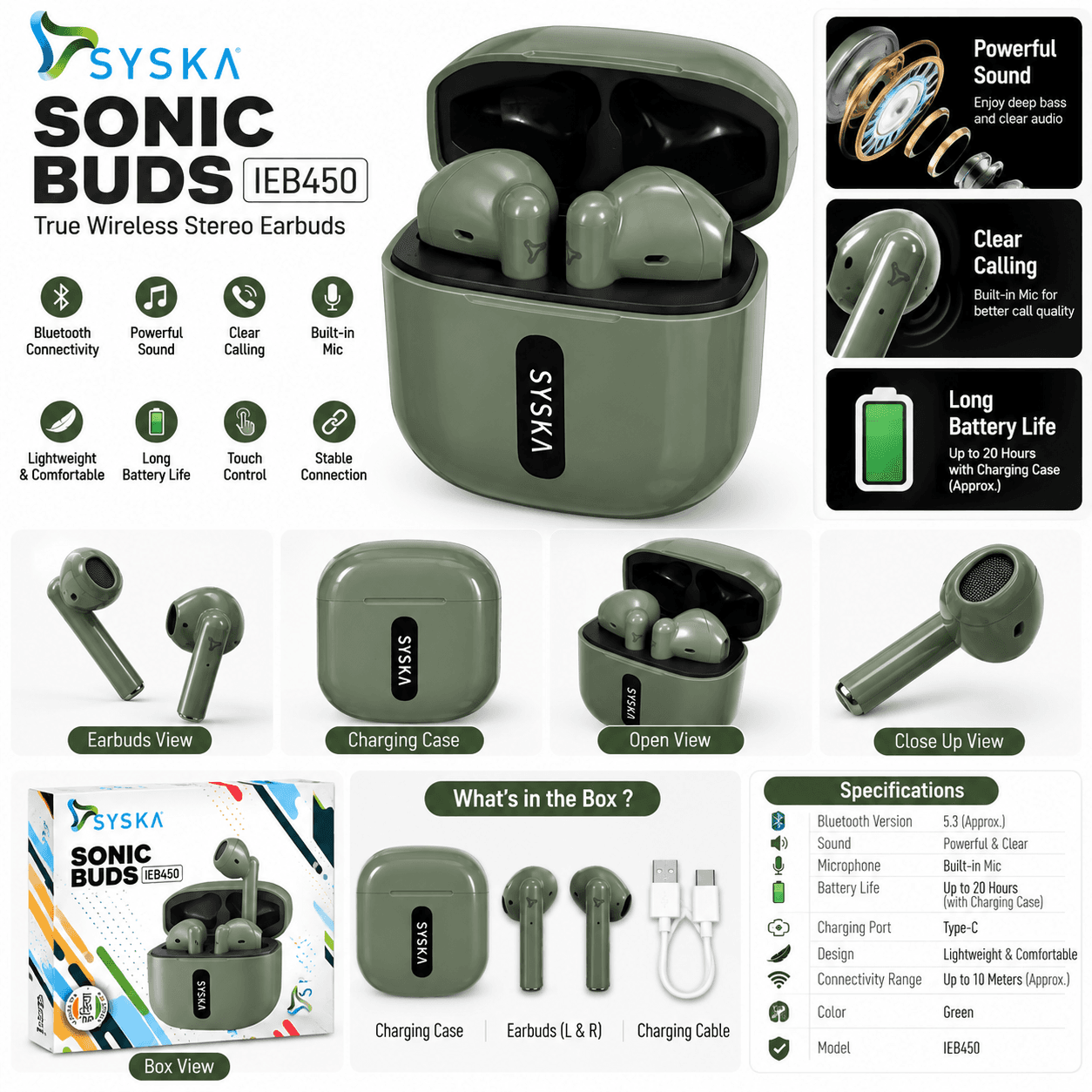 SYSKA Sonic Buds IEB450 – Wireless Bluetooth Earbuds with Charging Case, Built-in Mic & Portable Design (Green)