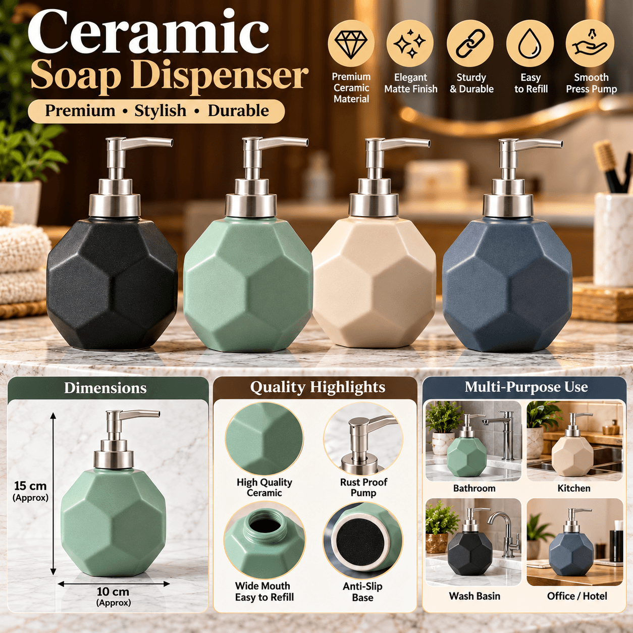 uxury Matte Finish Refillable Hand Wash Bottle for Bathroom