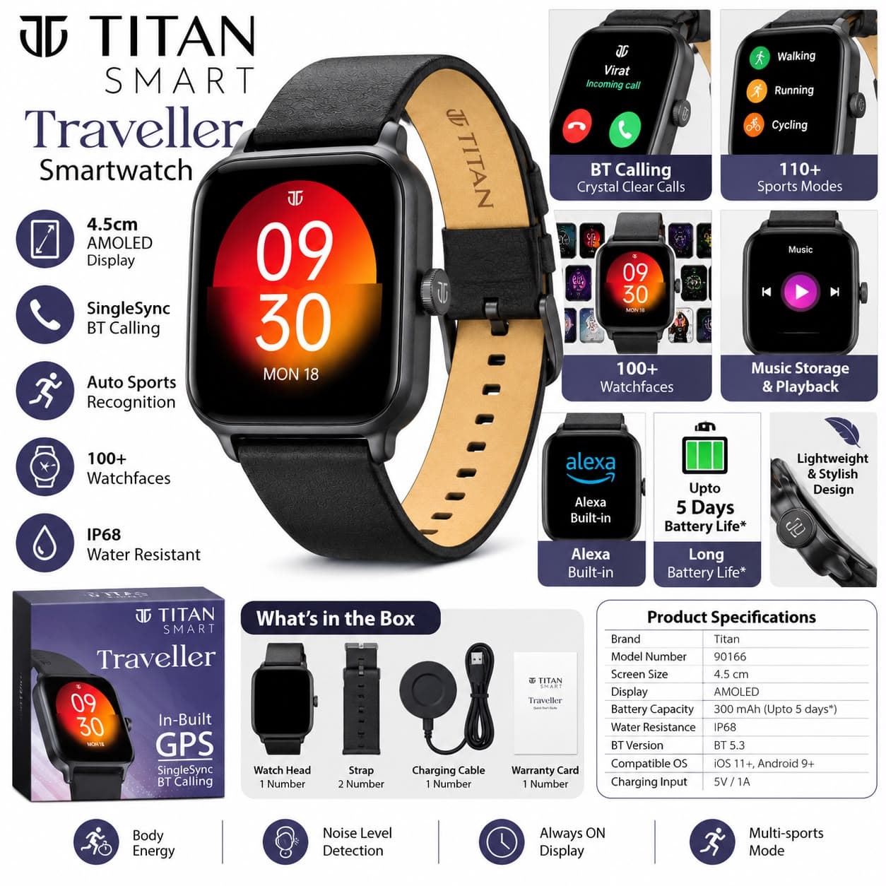 Titan Smart Traveller Smartwatch with 1.77" AMOLED Display, Bluetooth Calling, Built-in GPS, Alexa & IP68 – Black
