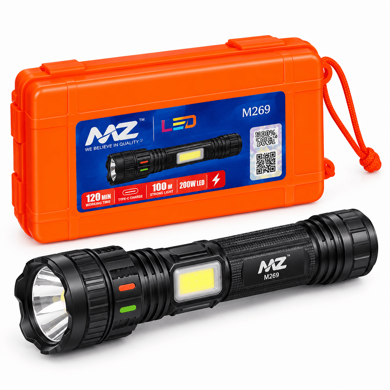 MNZ M269 Rechargeable LED Torch Light with Digital Battery Display, Side COB Light & USB Power Bank