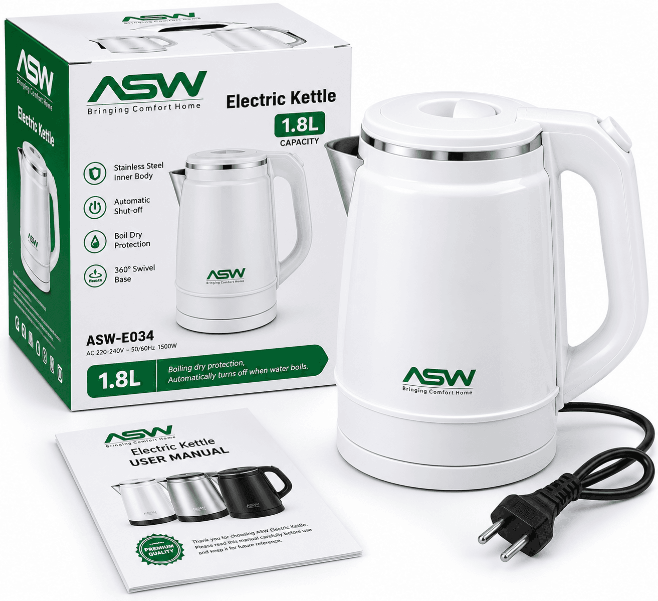 ASW 1.8L Electric Kettle 1500W | Stainless Steel Inner Body