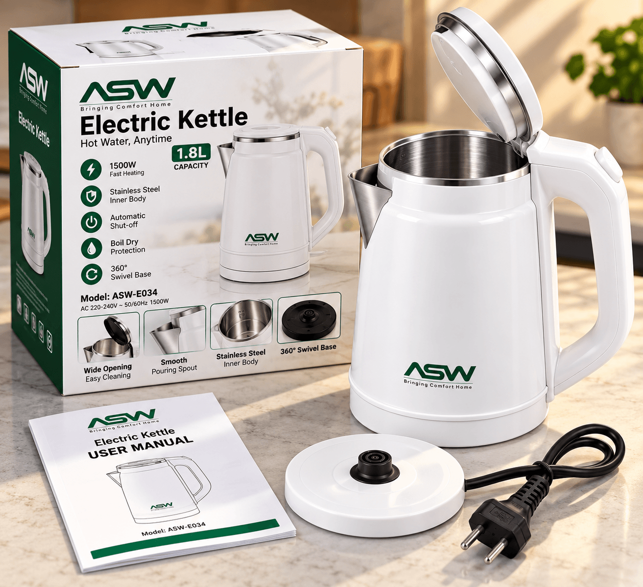 ASW 1.8L Electric Kettle 1500W | Stainless Steel Inner Body