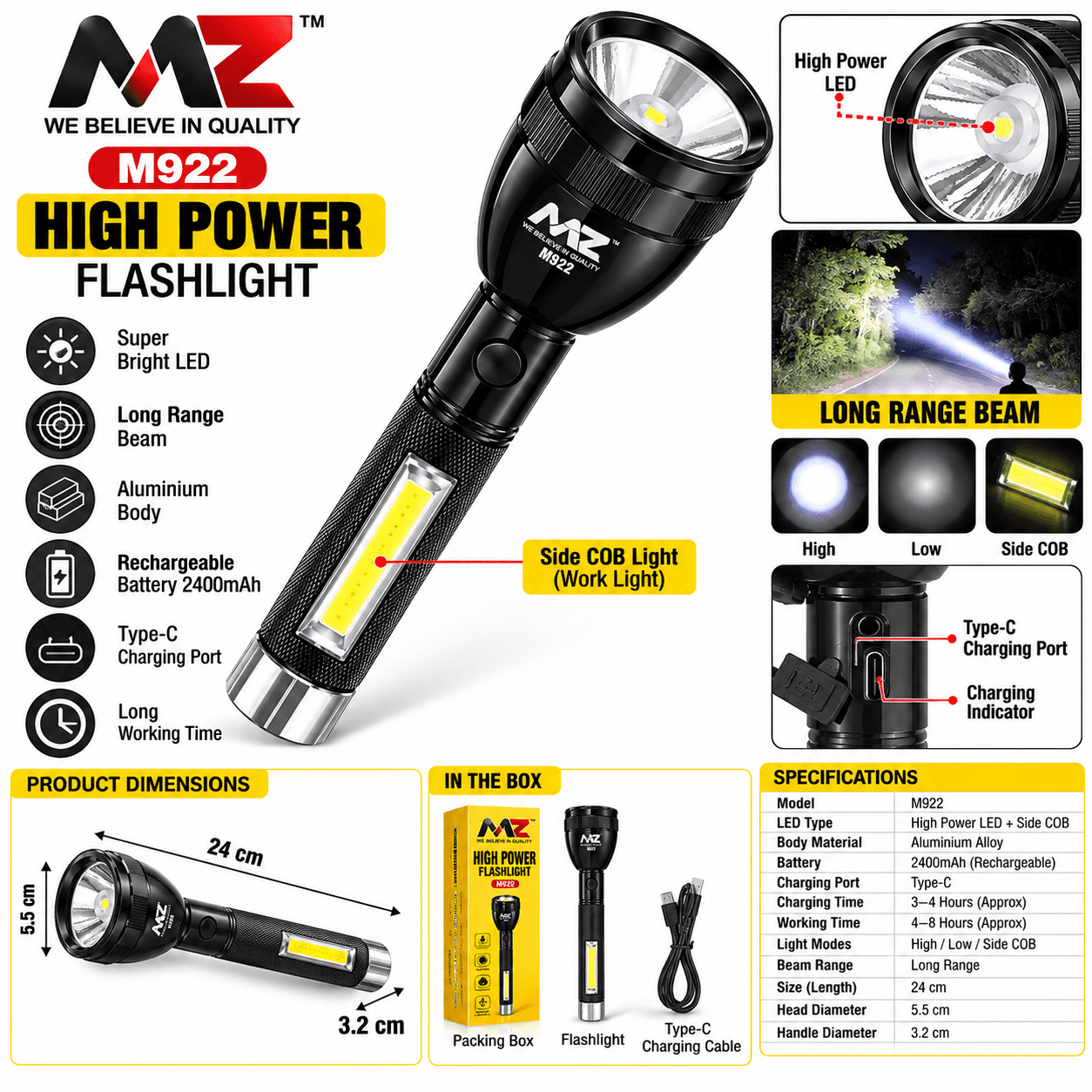 MZ M922 High Power Rechargeable LED Torch with Side Light