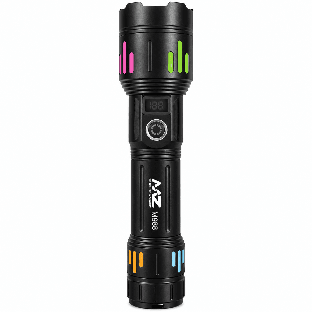 MNZ M988 Rechargeable LED Torch Light with USB-C Charging, USB Power Bank Output & Protective Carry Case – Black