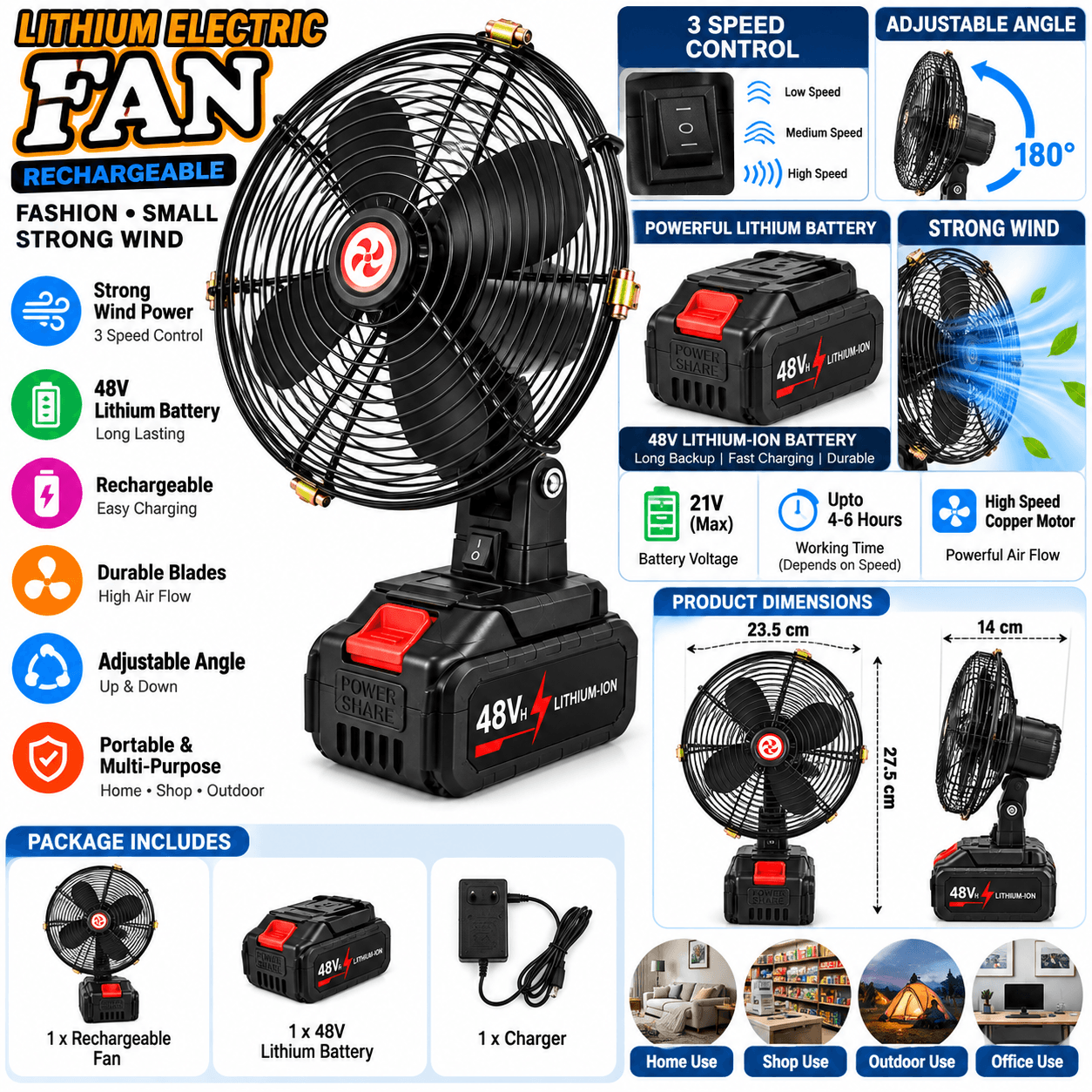 Portable Cordless Electric Fan with 48V Lithium-Ion Battery, 3-Blade Metal Grill, Rechargeable Battery Powered Fan – Black