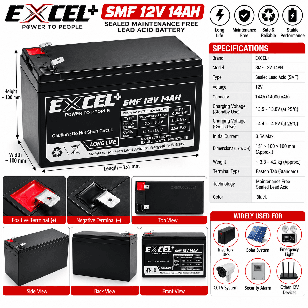 EXCEL+ 12V 14Ah SMF Rechargeable Battery | Maintenance Free Lead Acid Battery for Solar Jhatka Machine & Electric Fence Energizer