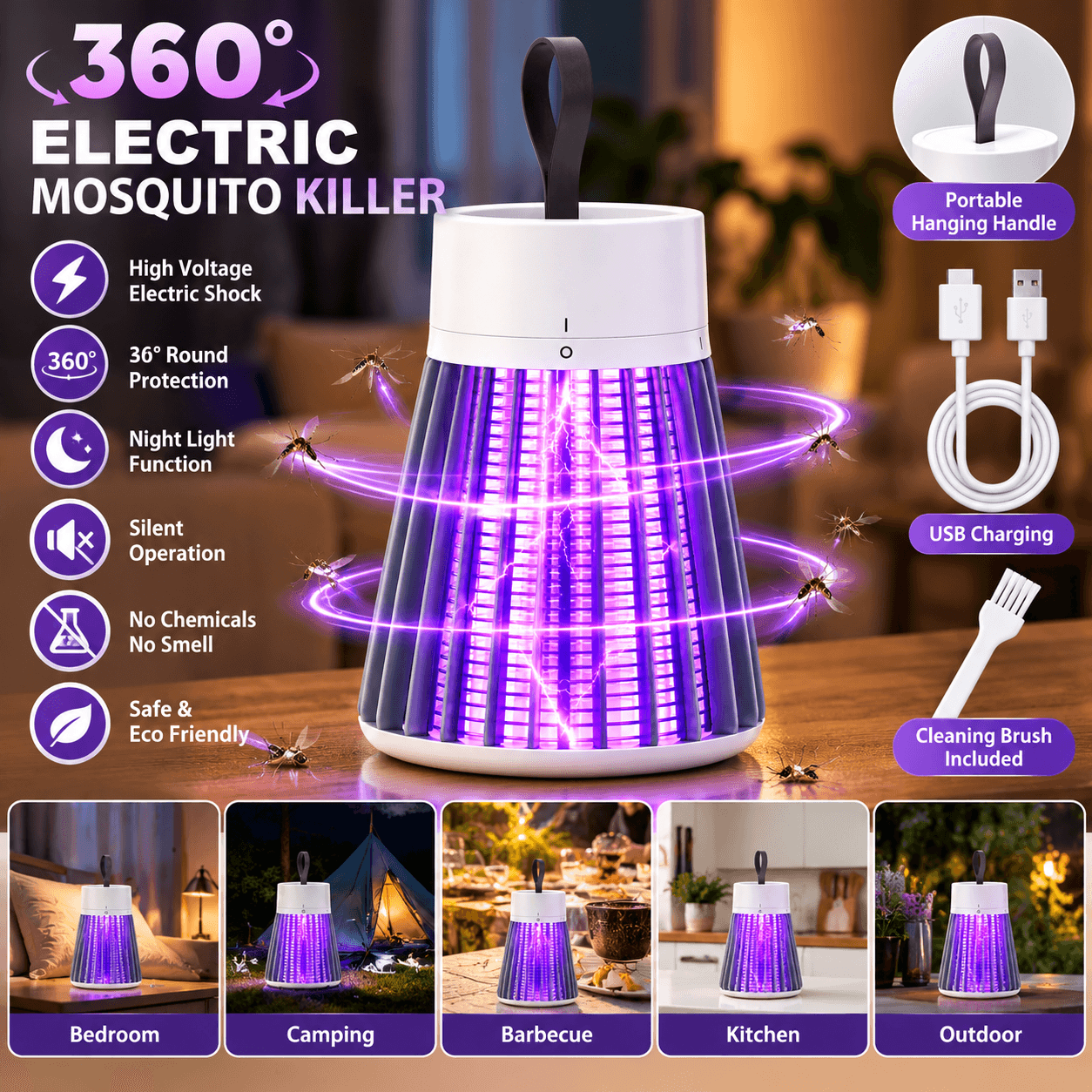360° USB Rechargeable Electric Mosquito Killer Lamp