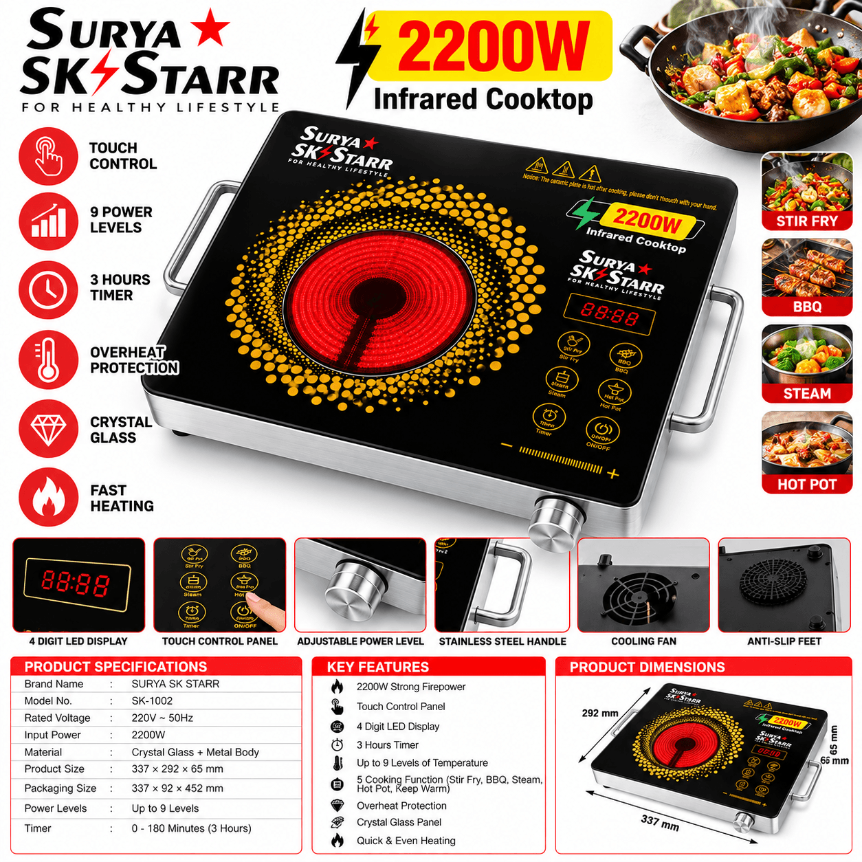 Surya SK Starr 2200W Infrared Cooktop | Touch Control Electric Stove | SK-1002