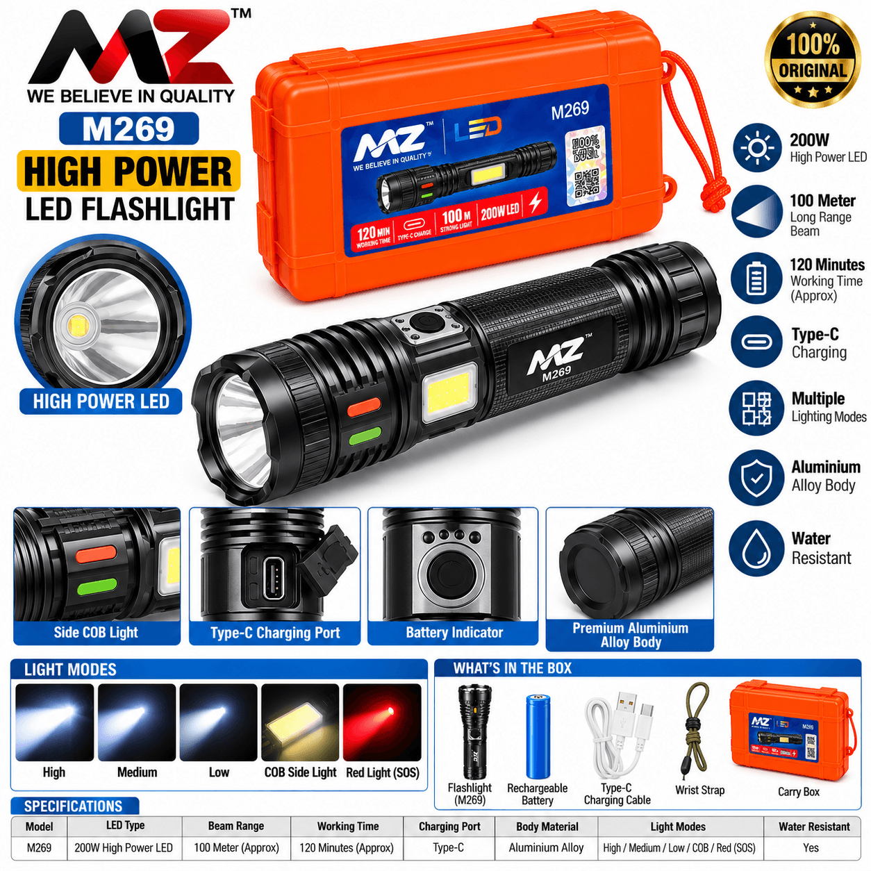 MNZ M269 Rechargeable LED Torch Light with Digital Battery Display, Side COB Light & USB Power Bank