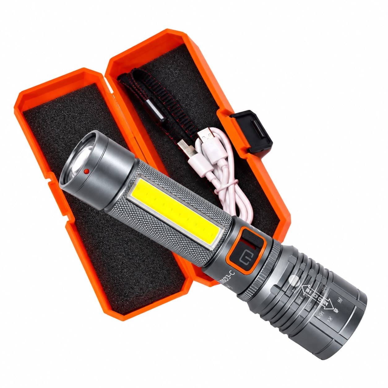 LED Torch with COB Side Light & Carry Case