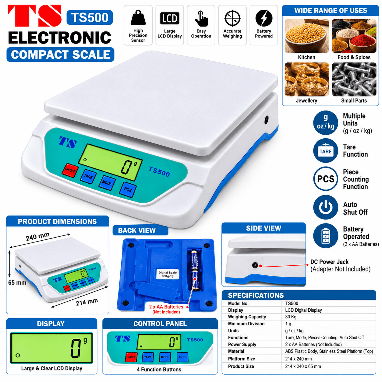 TS500 Electronic Digital Weighing Scale – LCD Display