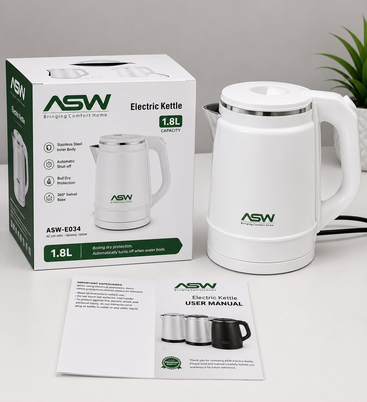 ASW 1.8L Electric Kettle 1500W | Stainless Steel Inner Body