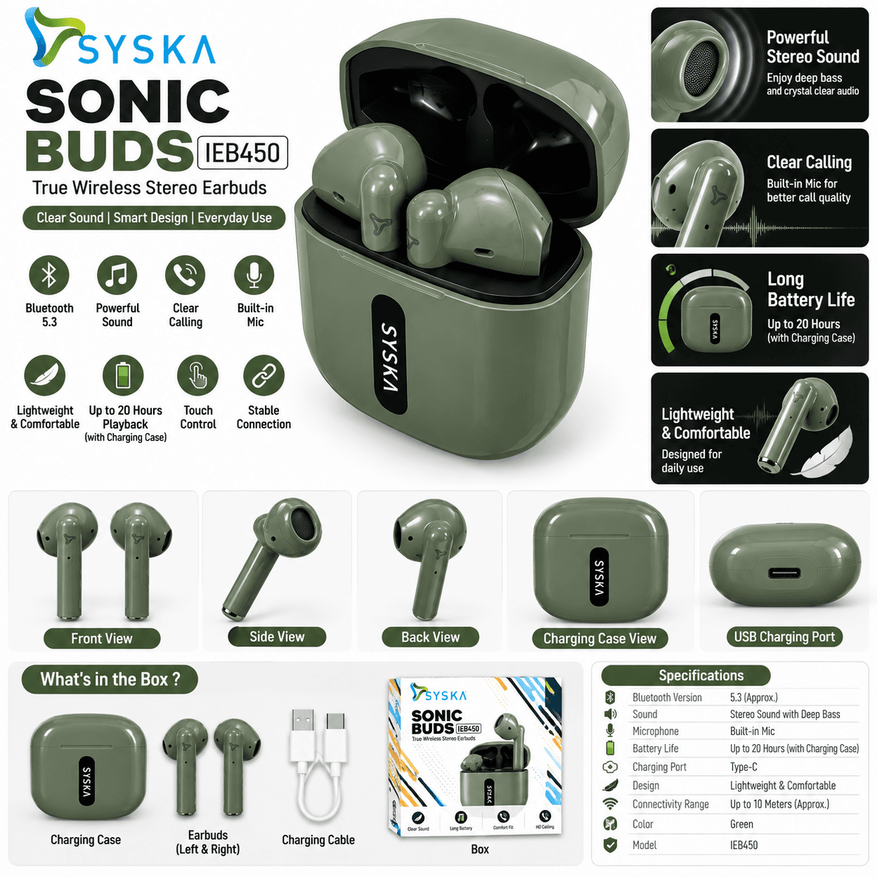 SYSKA Sonic Buds IEB450 – Wireless Bluetooth Earbuds with Charging Case, Built-in Mic & Portable Design (Green)